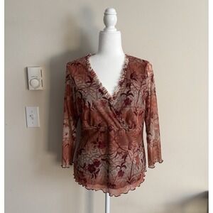 Vintage Y2K Assoluto Womens XXL Top V Neck Faux Wrap Baby Doll Red Boho